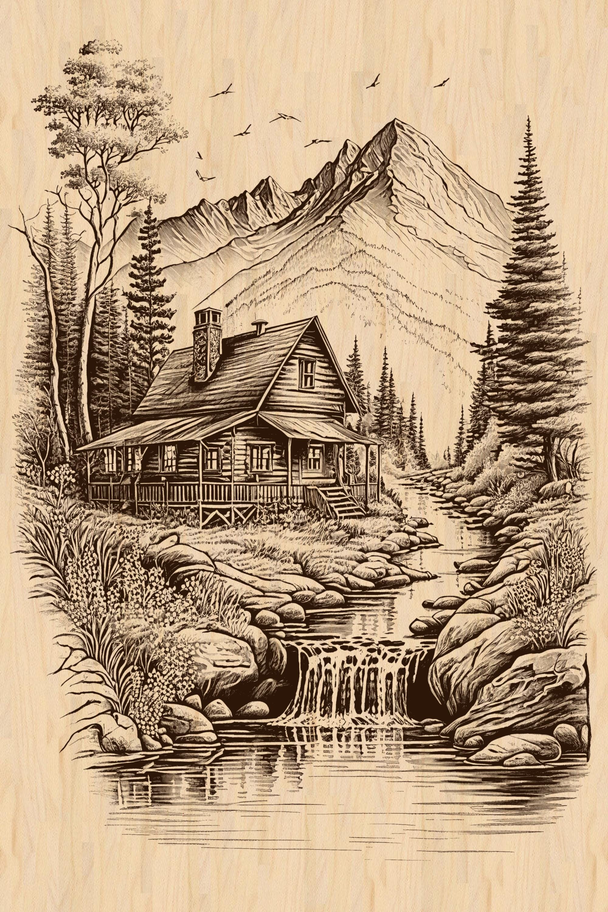 Mountain Cabin Laser Engraving: Nature Landscape Art (digital