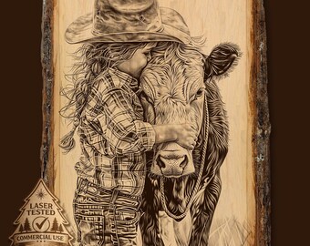 Cowgirl & Cow Laser Engrave PNG: Farm Ranch Art (Digital Download)