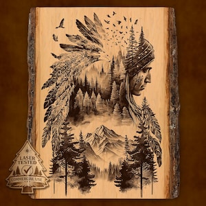 Archivo de grabado láser de doble exposición de nativos americanos, retrato de vida silvestre en la montaña PNG, listo para grabar, decoración de cabañas, descarga digital