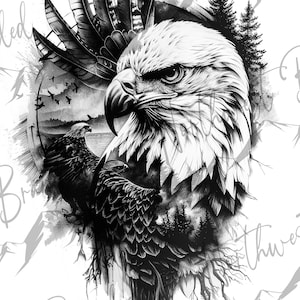 May include: Black and white illustration of an eagle with feathers, trees, and mountains in the background.