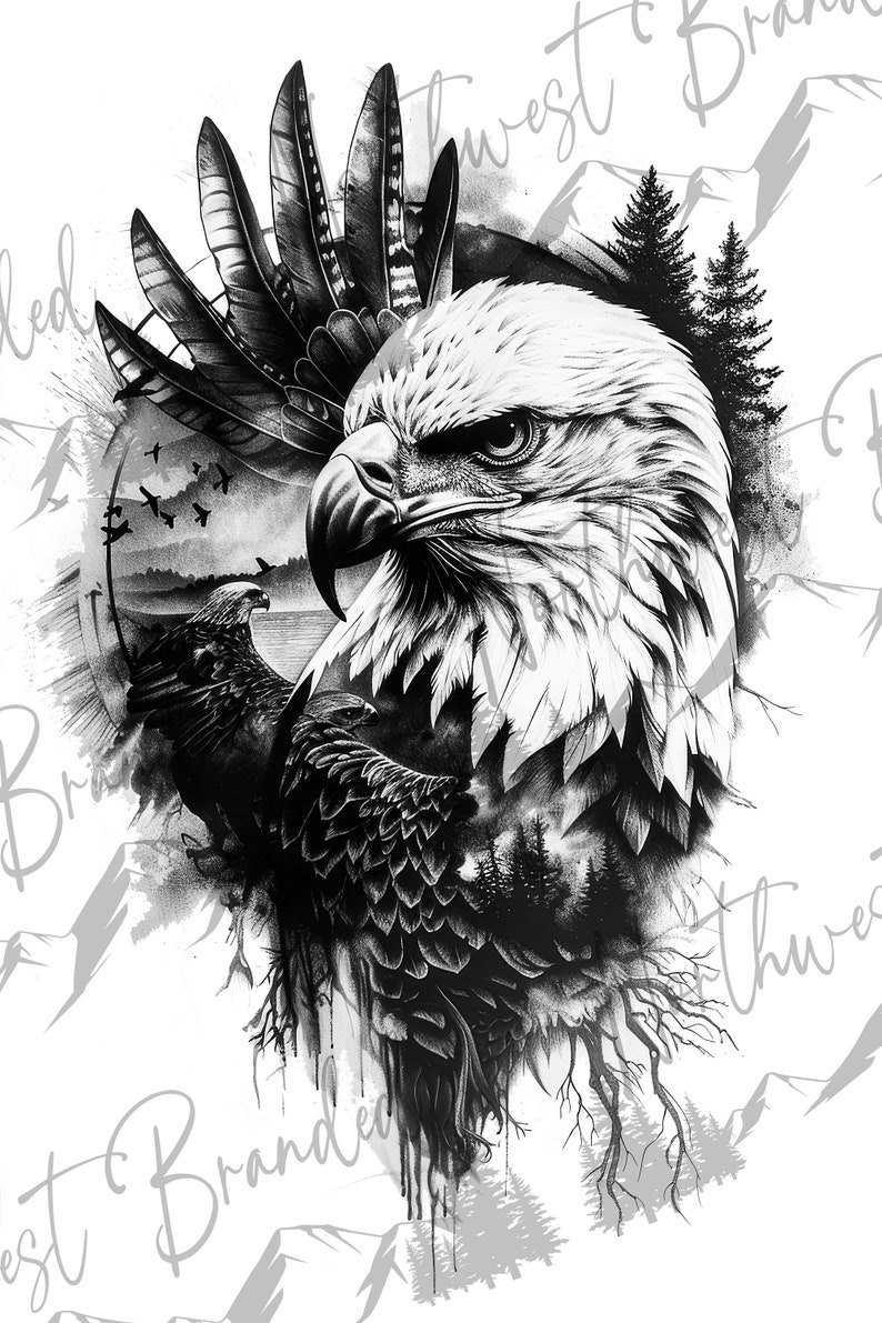 May include: Black and white illustration of an eagle with feathers, trees, and mountains in the background.