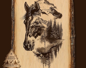 May include: A rectangular piece of light-colored wood with natural bark edges featuring a dark brown laser-engraved illustration of a horse head combined with a mountain range, pine trees, and a lake. A small tree-shaped emblem reads LASER TESTED.
