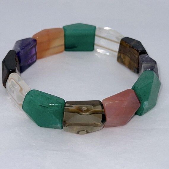 Faceted Rectangle Multi-Gemstone Bead Stretch Bra… - image 2
