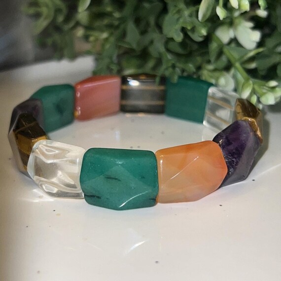 Faceted Rectangle Multi-Gemstone Bead Stretch Bra… - image 1