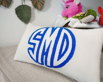 Custom Punch Needle Monogram Pillow, Embroidered Linen Lumbar Pillow