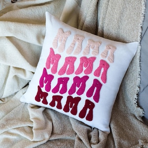 Personalized Mothers Day Handmade Pillow, Mom Gift Idea, Gift for Grandma, Custom Gift from Kids, Punch Needle Mama Pillow, Pink Pillow