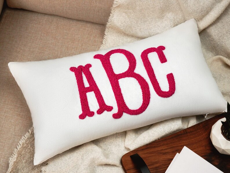 Monogram Punch Needle Pillow, Custom Letter Embroidery, Linen Lumbar Cushion image 5