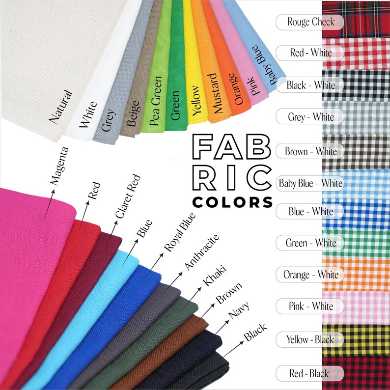 a variety of fabric colors, including natural white, grey, green, yellow, mustard, orange, black, white, red, blue, royal blue, green, white, brown, khaki, navy, pink, black, yellow-black, and red-black.