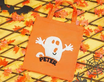 Personalized Halloween Trick or Treat Bag, Embroidered Linen Candy Bag