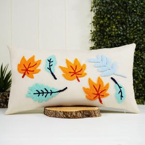 Fall Leaves Punch Needle Pillow, Embroidered Autumn Decor, Custom Throw Pillow