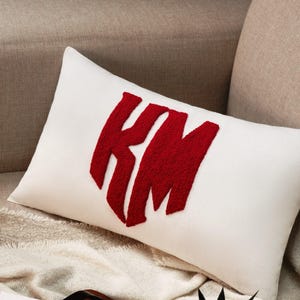 Monogram Punch Needle Pillow, Custom Letter Embroidery, Linen Lumbar Cushion image 3