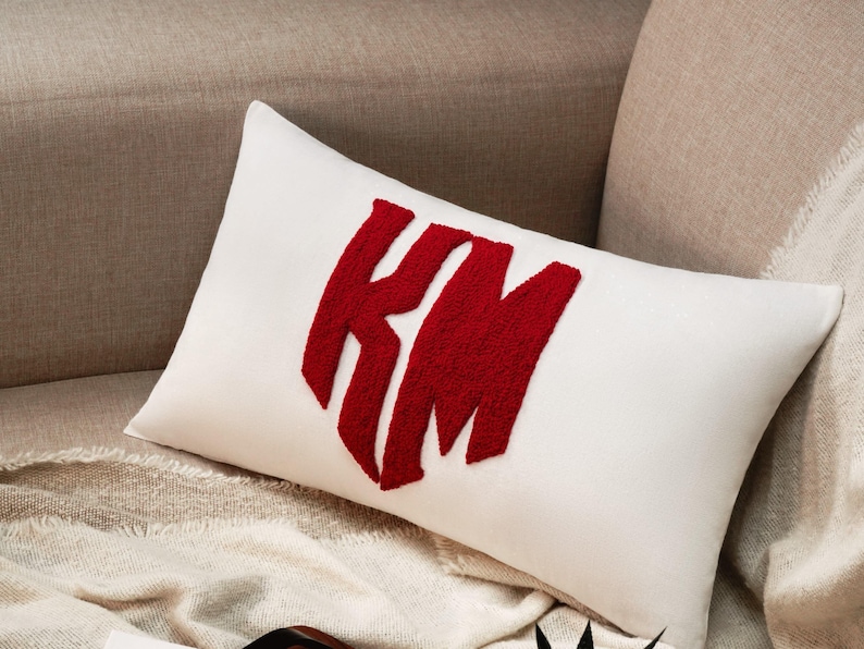 Monogram Punch Needle Pillow, Custom Letter Embroidery, Linen Lumbar Cushion image 3