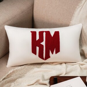 Monogram Punch Needle Pillow, Custom Letter Embroidery, Linen Lumbar Cushion image 4