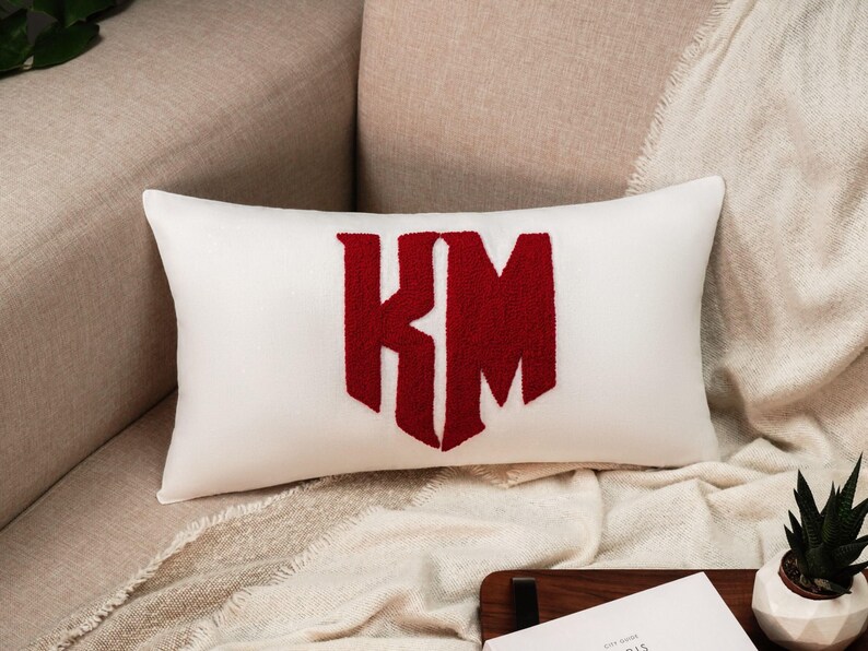 Monogram Punch Needle Pillow, Custom Letter Embroidery, Linen Lumbar Cushion image 4
