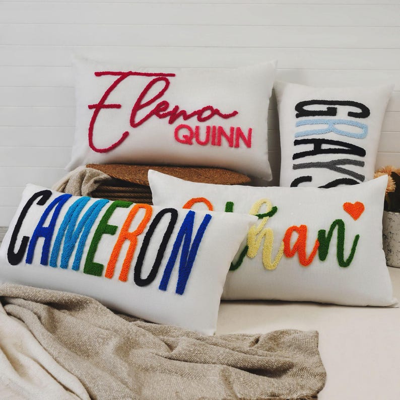 Custom Name Pillow: Personalized Baby Girl Nursery Gift - Embroidered Linen Cover image 6