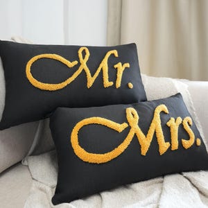 Mr Mrs Punch Needle Pillow, Gold Embroidery, Wedding Gift