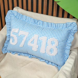 Custom Embroidered Zip Code Pillow, Gingham Home Decoration, Housewarming Gift