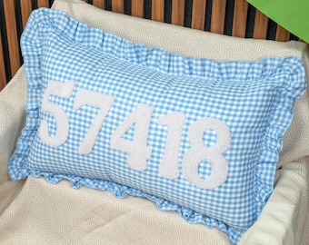 Custom Embroidered Zip Code Pillow, Gingham Home Decoration, Housewarming Gift