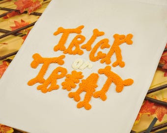 Personalisierte Halloween Süßes oder Saures Einkaufstasche, Punch Needle Gestickte Leinen Süßigkeitstasche