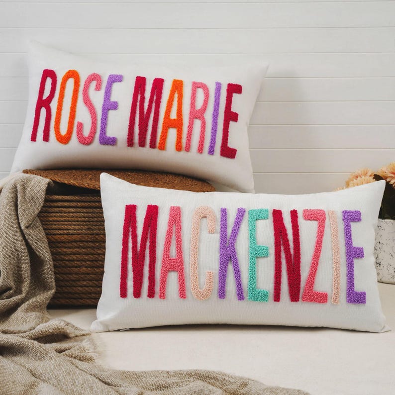 Custom Name Pillow: Personalized Baby Girl Nursery Gift - Embroidered Linen Cover image 2