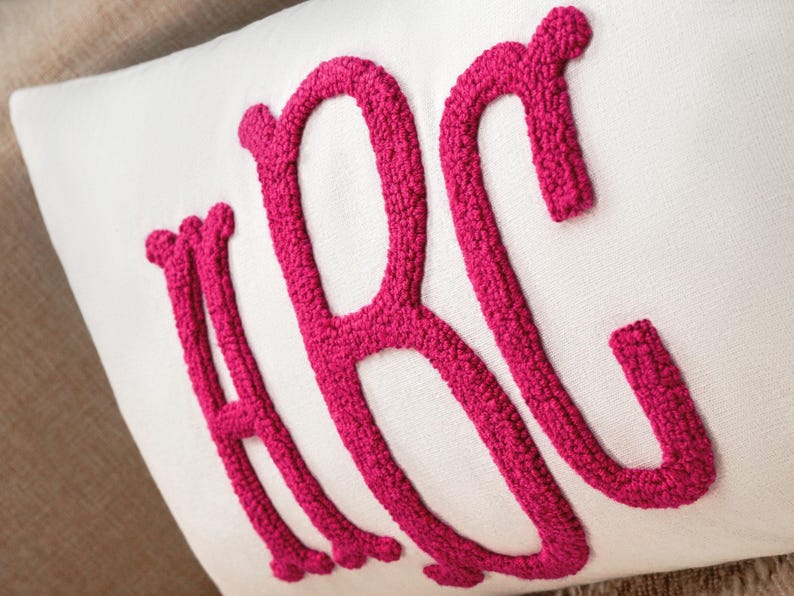 Monogram Punch Needle Pillow, Custom Letter Embroidery, Linen Lumbar Cushion image 2