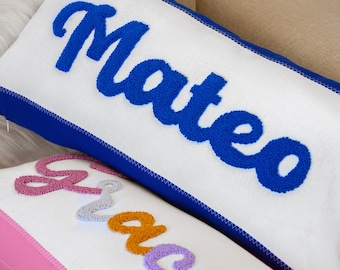 Personalized Baby Name Pillow, Punch Needle Embroidered Linen Throw Pillow