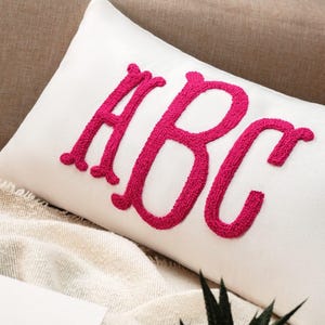 Monogram Punch Needle Pillow, Custom Letter Embroidery, Linen Lumbar Cushion image 1