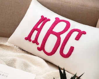 Monogram Punch Needle Pillow, Custom Letter Embroidery, Linen Lumbar Cushion