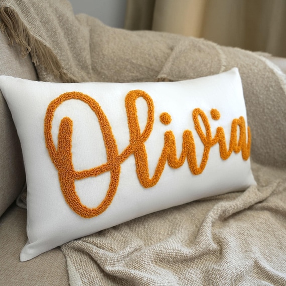Golden Embroidered Punch Needle Pillow, Handmade Gift, Kid Room Home Decor, Custom Name Pillow Cover, Personalized Baby Gift Nursery Decor