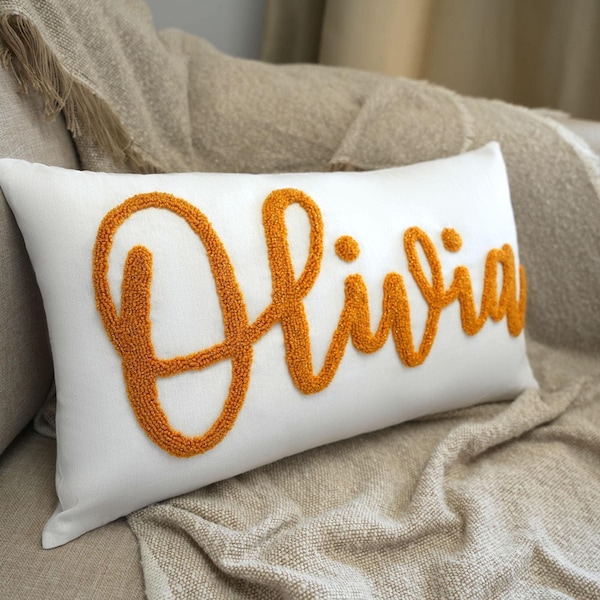 Golden Embroidered Punch Needle Pillow, Handmade Gift, Kid Room Home Decor, Custom Name Pillow Cover, Personalized Baby Gift Nursery Decor