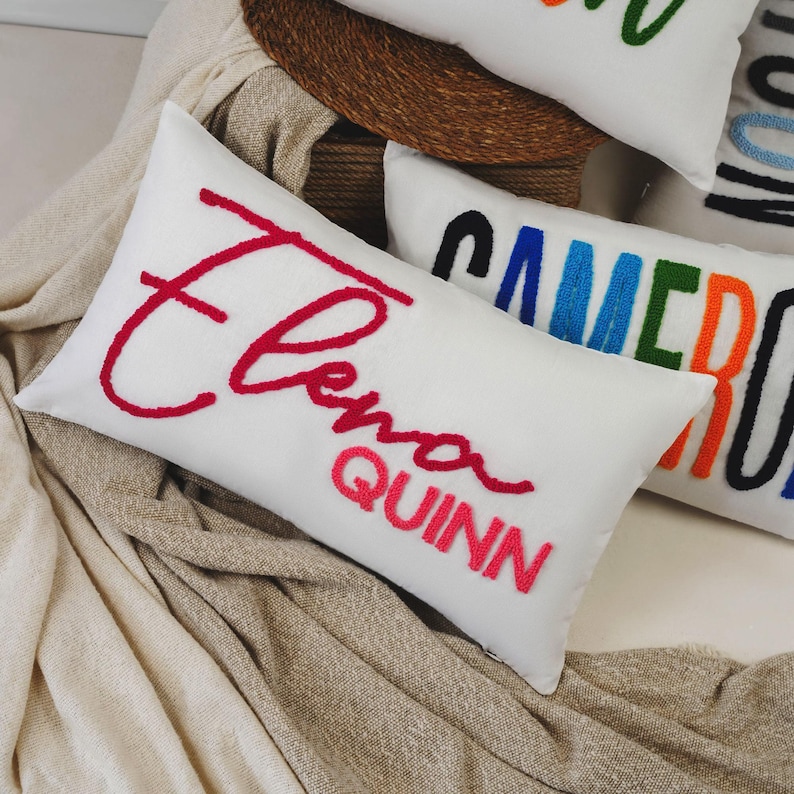 Custom Name Pillow: Personalized Baby Girl Nursery Gift - Embroidered Linen Cover image 5