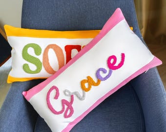 Personalized Name Pillow, Embroidered Punch Needle, Linen Nursery Decor