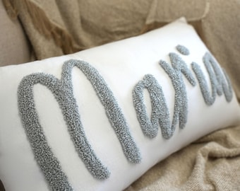 Personalisiertes Glitter Namenskissen, Punch Needle besticktes Leinenkissen