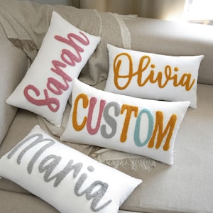 Custom Golden Punch Needle Handmade Pillows, Home Decor, Personalized Gift, First Christmas Gift, Birthday Gift, Glitter Embroidered Pillow