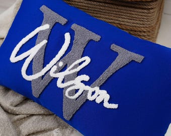 Personalized Initial Family Name Punch Needle Embroidered Throw Pillow, Housewarming Gift, Wedding Gift, Custom Monogram Name Pillow Gift