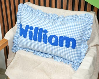 Personalisiertes gesticktes Vichy-Kissen: Benutzerdefiniertes Namenskissen, Babypartygeschenk