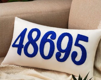 Personalized Zip Code Pillow, Embroidered Lumbar Cushion, Housewarming Gift