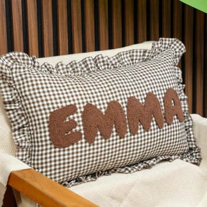 Personalized Punch Needle Pillow with Gingham Ruffle: Soft Nursery Decor