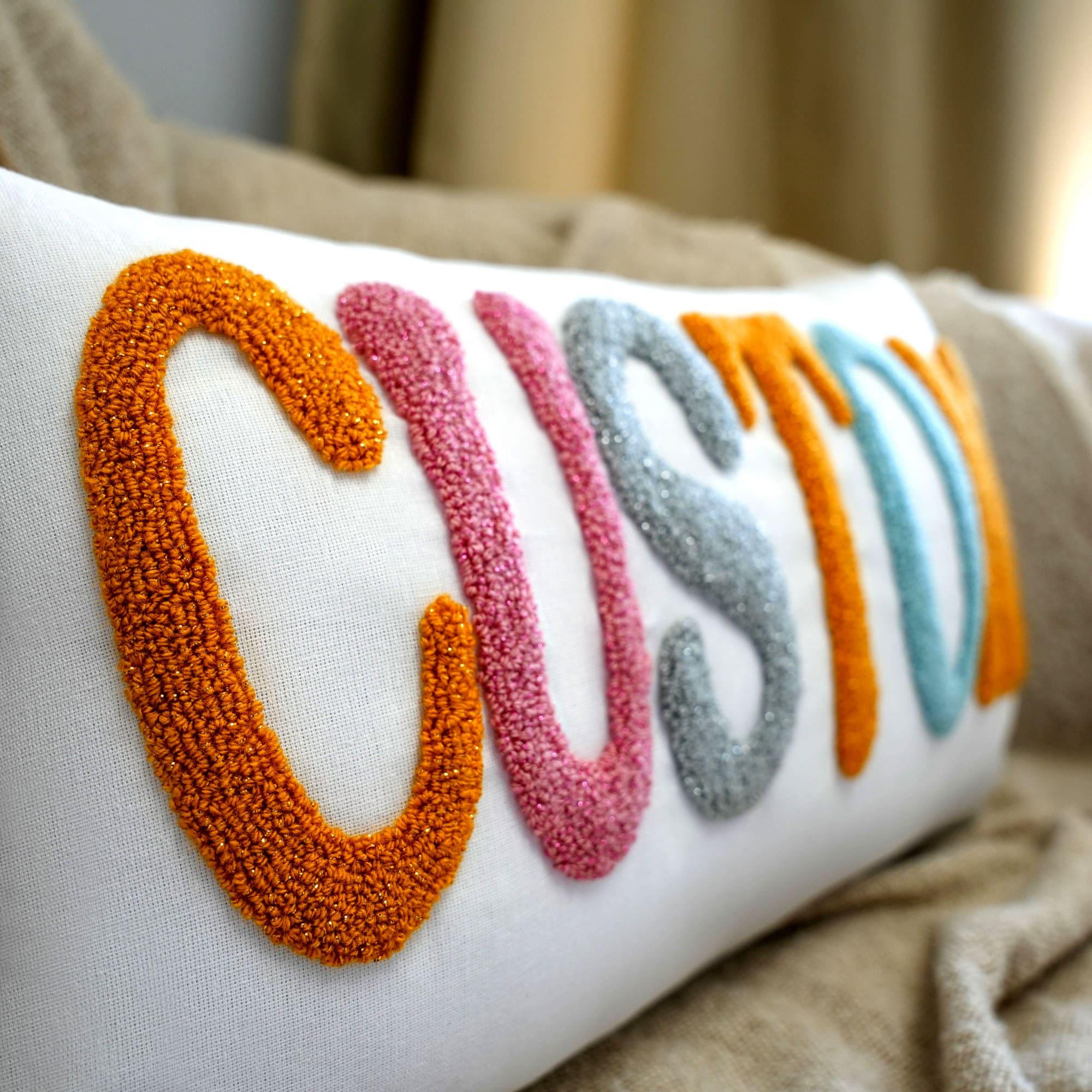 Custom Gold Glitter Punch Needle Pillow, Handmade Embroidered Pillow Cover, Home Decor, Personalized Gift, Gift for Her, Preppy Room Decor