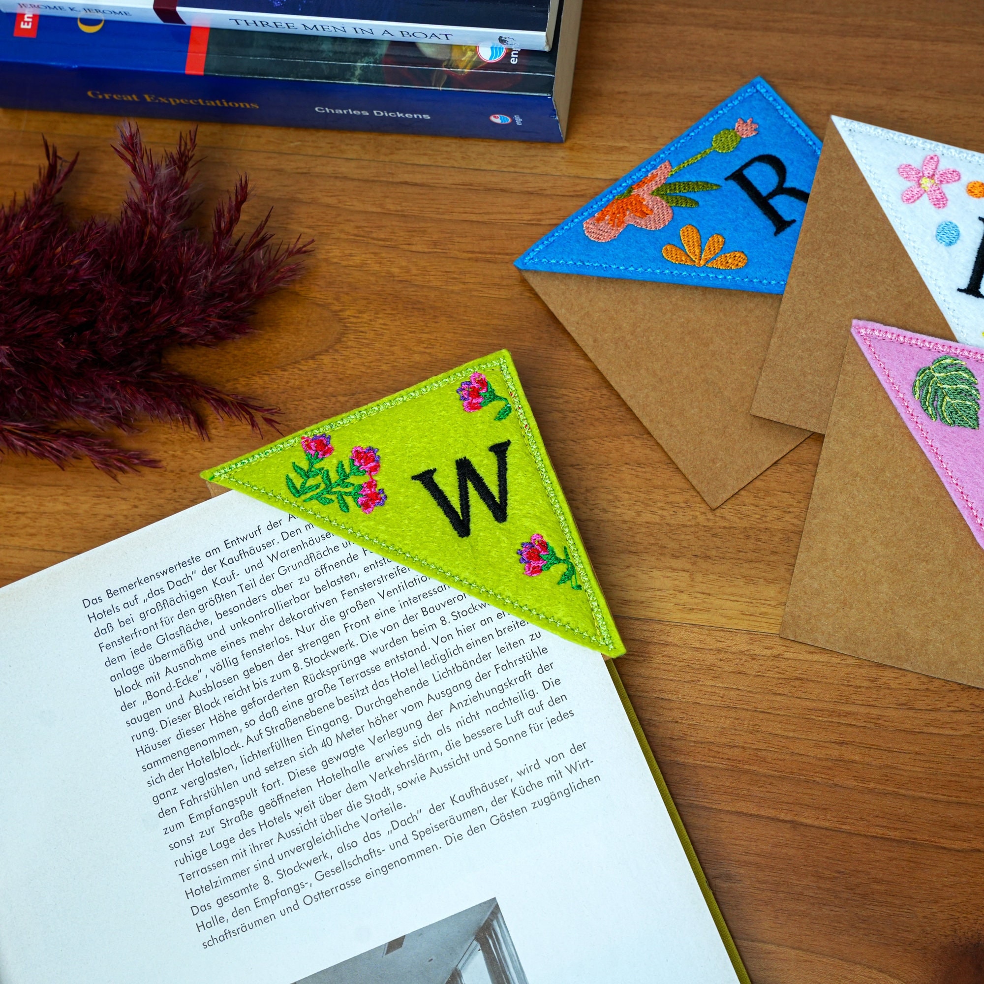 Handmade Floral Embroidered Felt Corner Bookmark, Personalized Initial ...