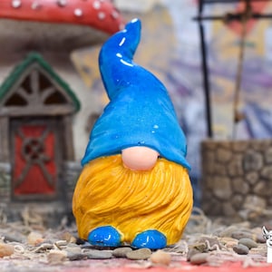 Concrete and Resin Gnome, Adorable Gnome Decor, Blue Glitter Hat Gnome, Blond Beard Ornament, Decor, Collectible