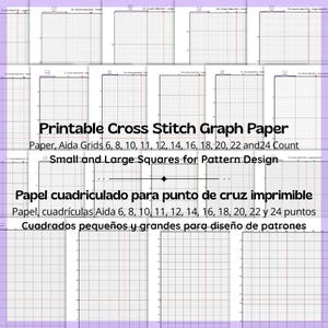 May include: Printable cross stitch graph paper with various Aida grid sizes, including 6, 8, 10, 11, 12, 14, 16, 18, 20, 22, and 24 count. Features small and large squares for pattern design. The image also includes the Spanish translation.