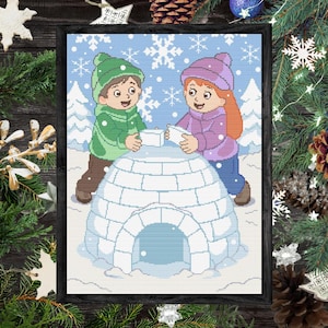 Patrón punto de cruz de Niños armando Iglú en PDF - Cross Stitch Pattern, Punto de Cruz Digital de Navidad