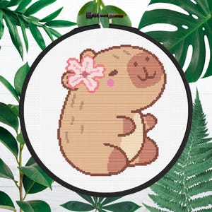 Patrón de punto de cruz Capybara Cherry Blossom, punto de cruz digital, PDF, diseño divertido - Cross Stitch Pattern, Carpincho