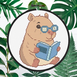 Patrón de punto de cruz Capybara Lector con Libro, punto de cruz digital, PDF, diseño divertido - Cross Stitch Pattern, Carpincho Book