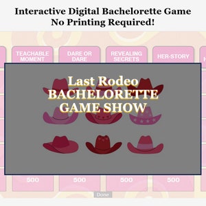 Puede incluir: Un tablero de juego imprimible para despedida de soltera con el título "Last Rodeo Bachelorette Game Show". El tablero tiene seis categorías: Ley y orden, Momento enseñable, Atreverse o atreverse, Secretos reveladores, Su historia y Nunca he. Cada categoría tiene cinco espacios con valores de puntos de 100, 200, 300, 400 y 500.