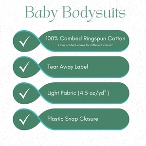 May include: Image features text "Baby Bodysuits" above four green ovals with checkmarks. The ovals list features: 100% Combed Ringspun Cotton, Tear Away Label, Light Fabric (4.5 oz/yd&sup2;), and Plastic Snap Closure.