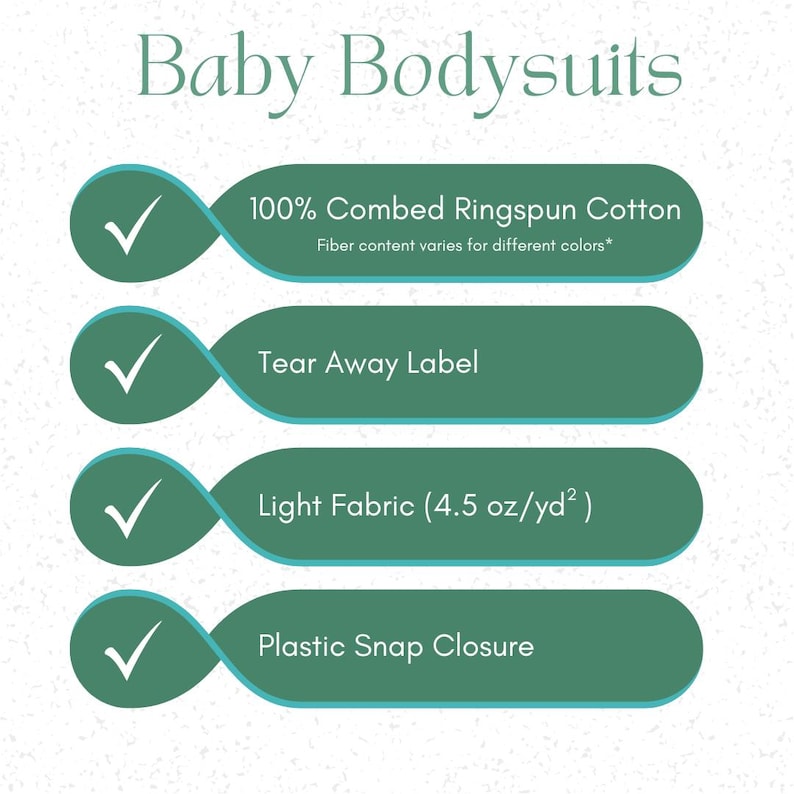 May include: Image features text "Baby Bodysuits" above four green ovals with checkmarks. The ovals list features: 100% Combed Ringspun Cotton, Tear Away Label, Light Fabric (4.5 oz/yd&sup2;), and Plastic Snap Closure.