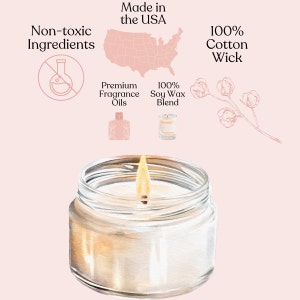 May include: A glass jar candle with a white soy wax blend and a cotton wick. The candle is lit and the flame is visible. The jar is labelled with the text "100% Soy Wax Blend". The candle is surrounded by illustrations of cotton, a bottle of fragrance oil, and a map of the United States. The text "Made in the USA", "Non-toxic Ingredients", "Premium Fragrance Oils", and "100% Cotton Wick" is also visible.