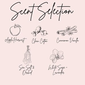 May include: A graphic featuring five different scents for candles or other home fragrance products. The scents are Apple Harvest, Clean Cotton, Cinnamon Vanilla, Sea Salt & Orchid, and White Sage + Lavender.